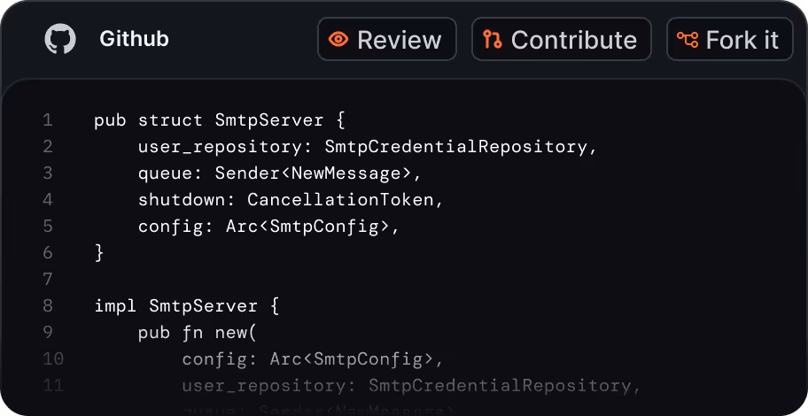 Open-source. Remails is 100% open-source. Review the code, contribute, or fork it — no black boxes.